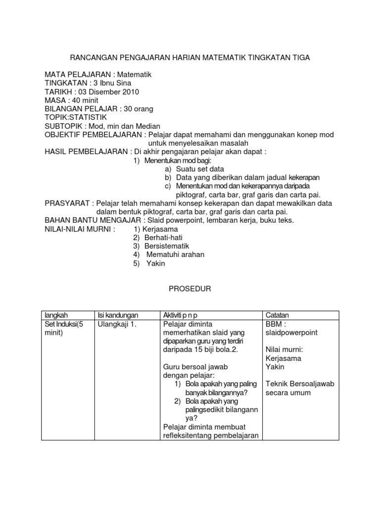 Rancangan Pengajaran Harian Matematik Tingkatan Tiga