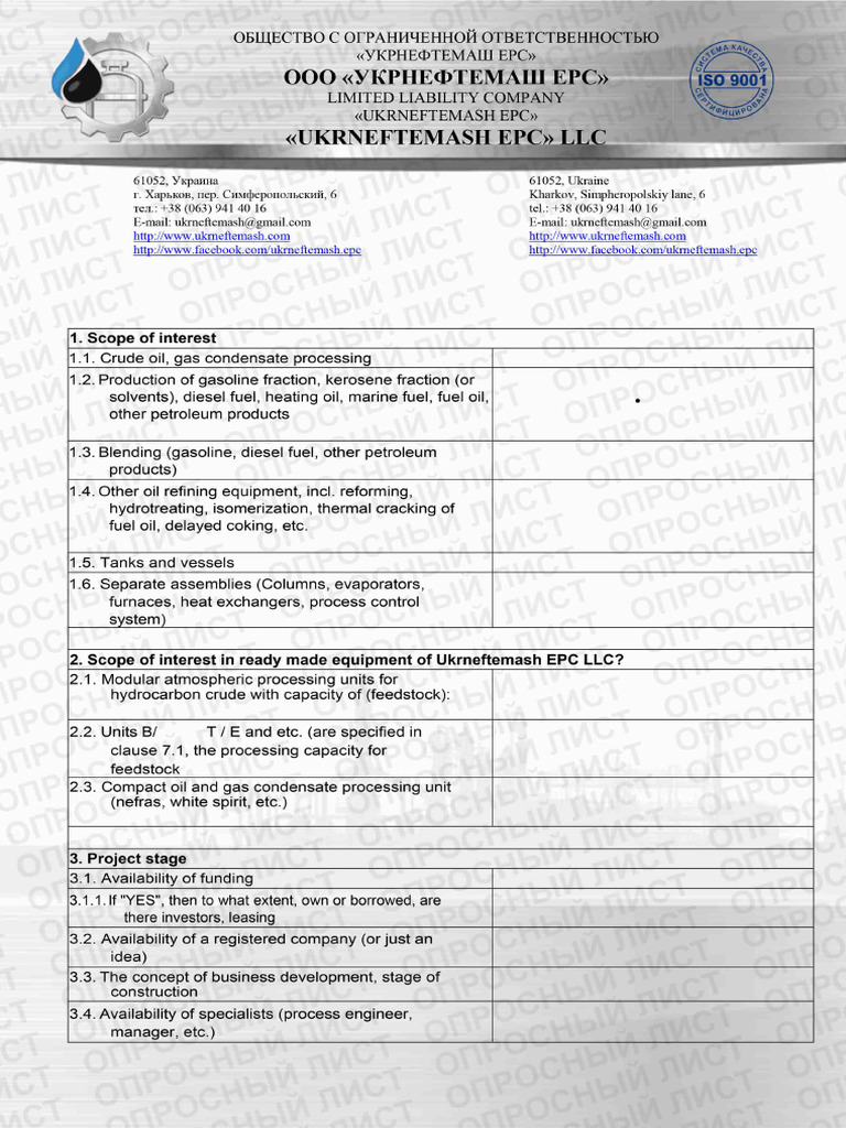 Questionnaire for Price Assessment of Processing Unit Production 2 | PDF