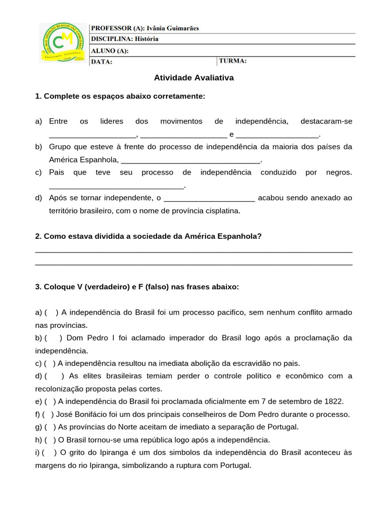 Atividade Avaliativa 8 Ano | PDF