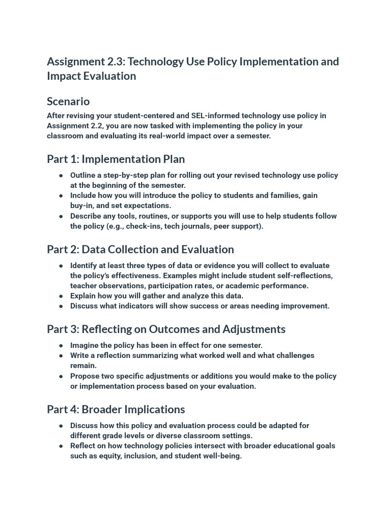 Assignment 2.3: Technology Use Policy Implementation and Impact ...