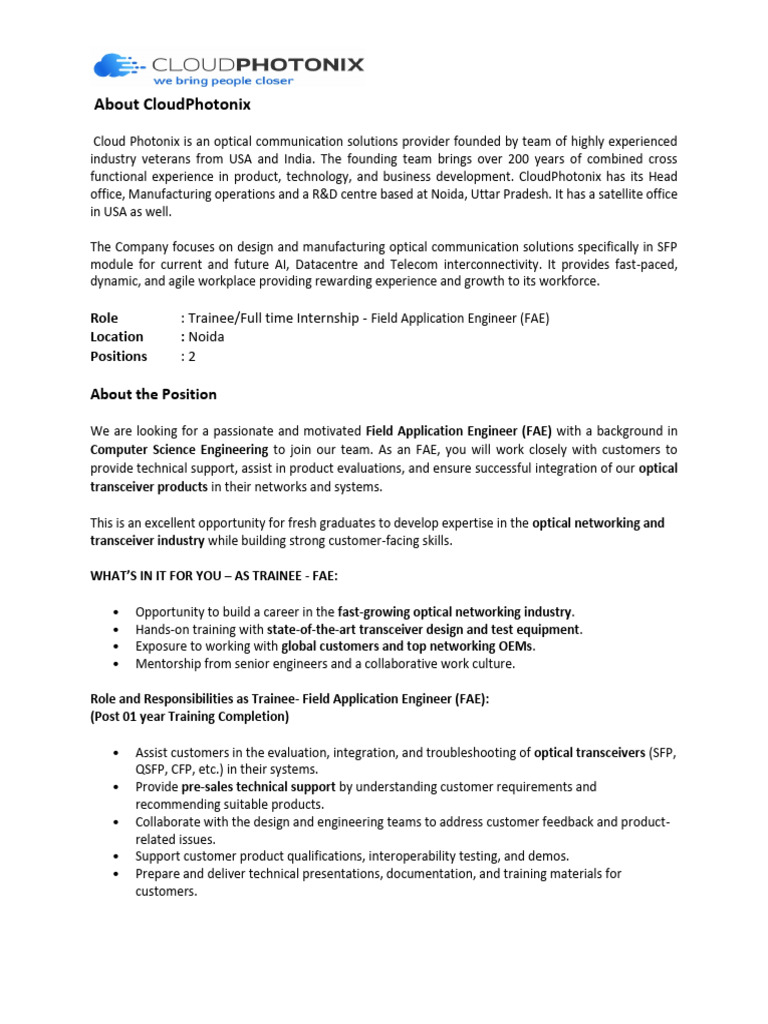 JD - Field Application Engineer - Trainee - CSE - Colleges | PDF ...