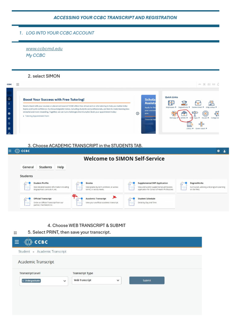 CCBC Instructions For Accessing Transcript | PDF