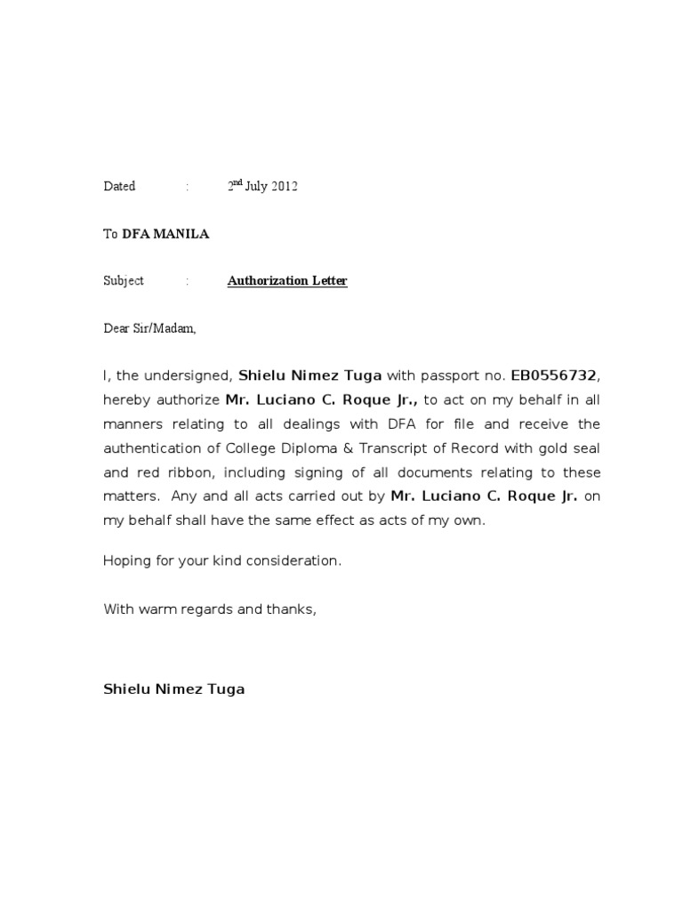 Authorization Letter Sample Claiming Documents 