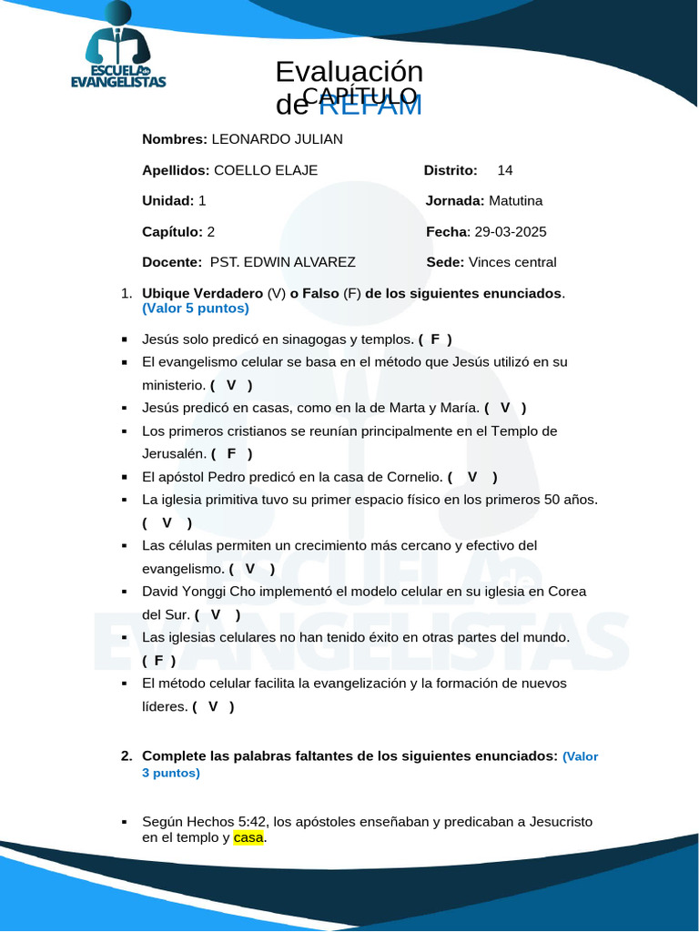 Evaluación de REFAM Del Capítulo II - Estudiantes | PDF