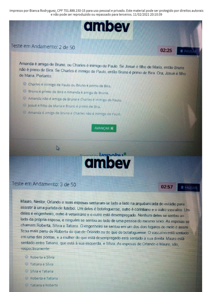 Teste Raciocinio Logico Ambev Kenoby Passei Direto | PDF