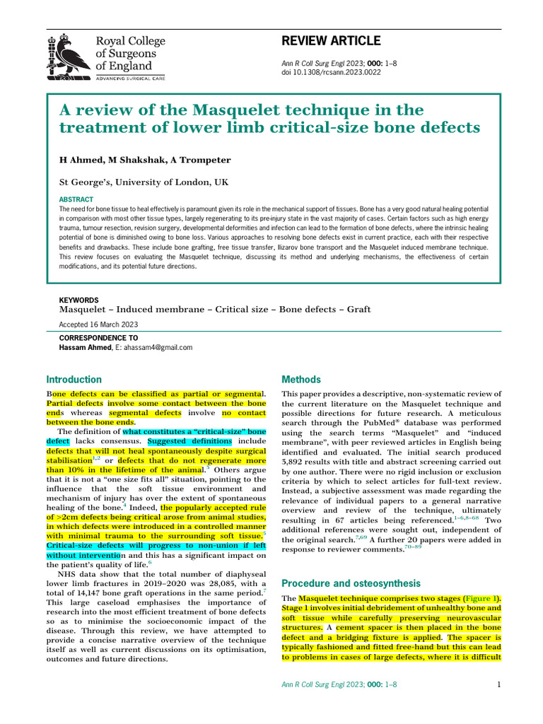 Ahmed Et Al 2023 A Review of The Masquelet Technique in The Treatment ...