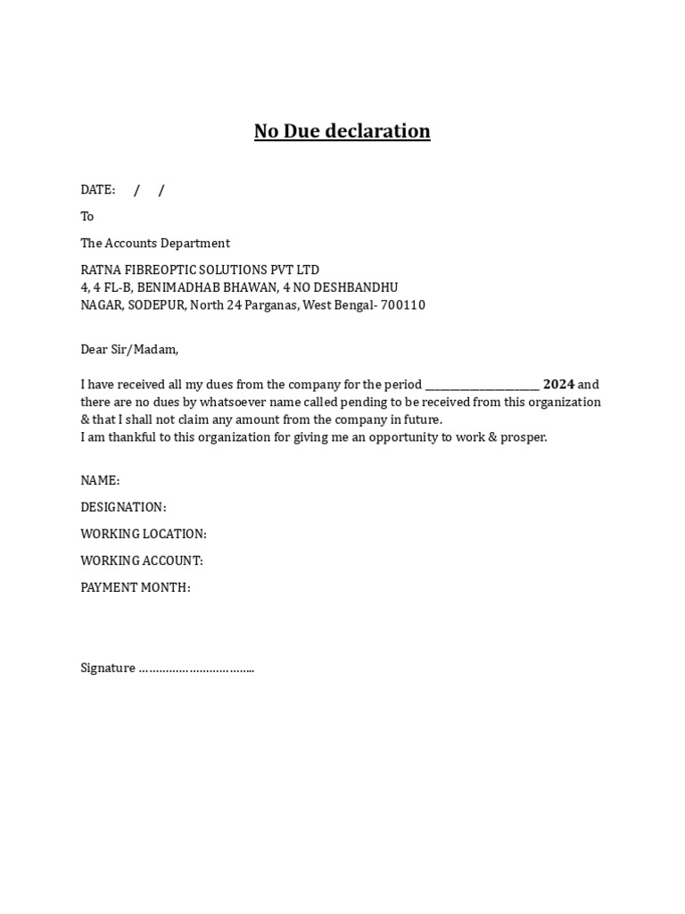 No Due Declaration Sample | PDF