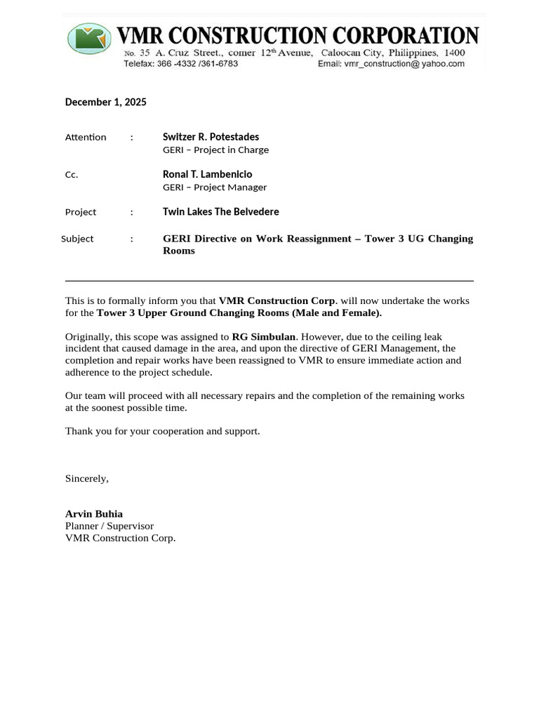 Formal Letter For Changing Room | PDF