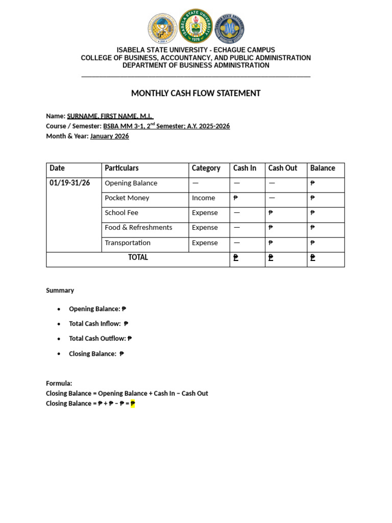 Monthly Cash Flow Statement Format | PDF