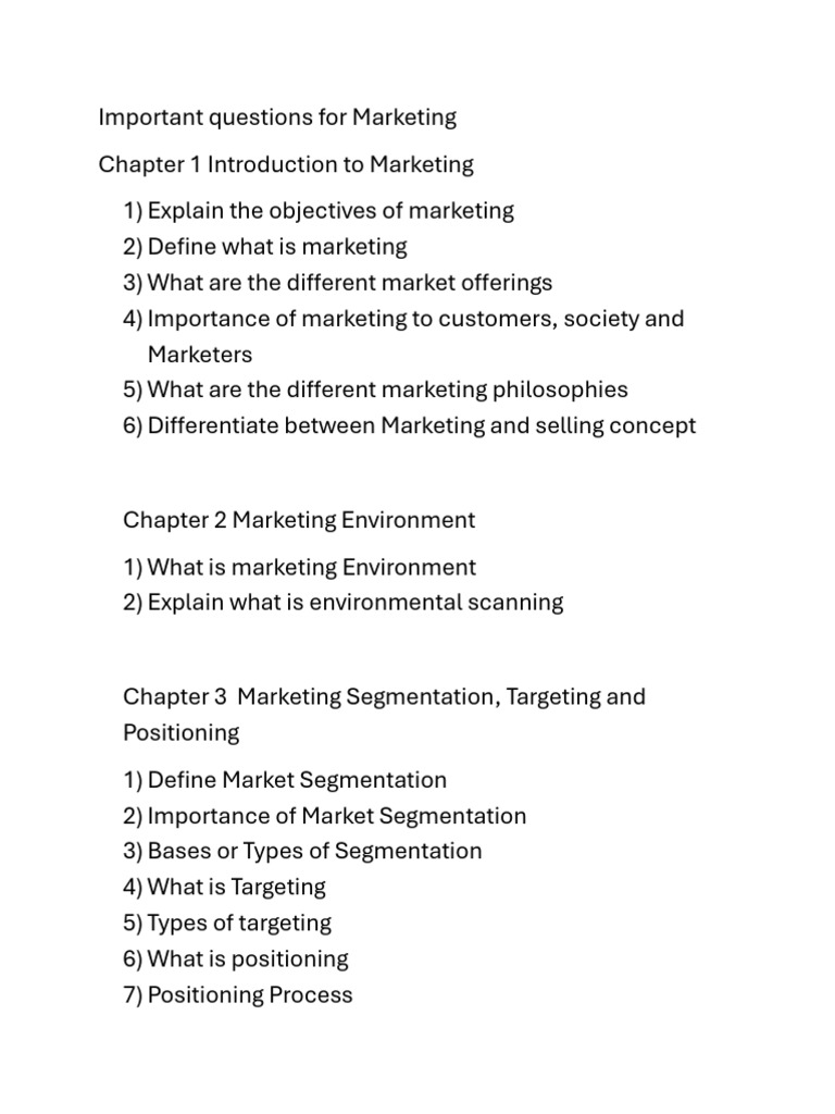 Important Questions For Marketing | PDF