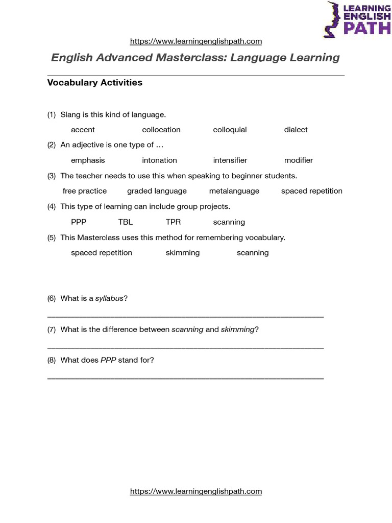 English Learning Vocabulary Exercises | PDF