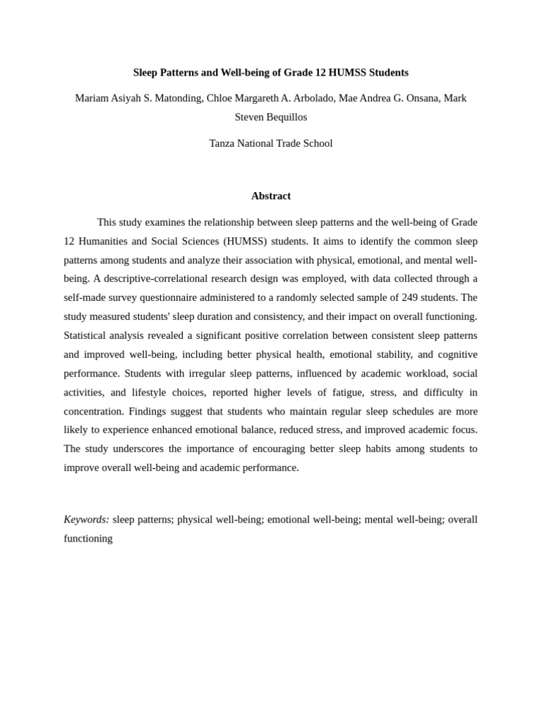 Sleep Patterns and Well-Being Full Paper (1st Draft) | PDF | Sleep ...