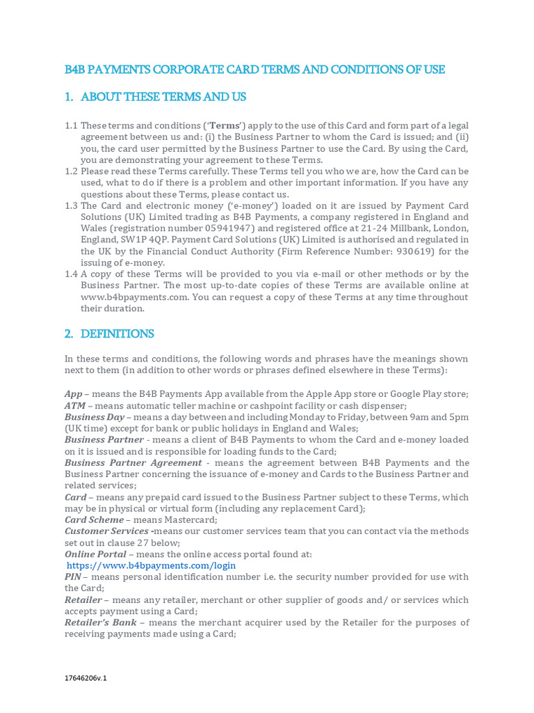 B4B UK Corporate Card User Terms Enterprise | PDF | Legal Liability | Tort