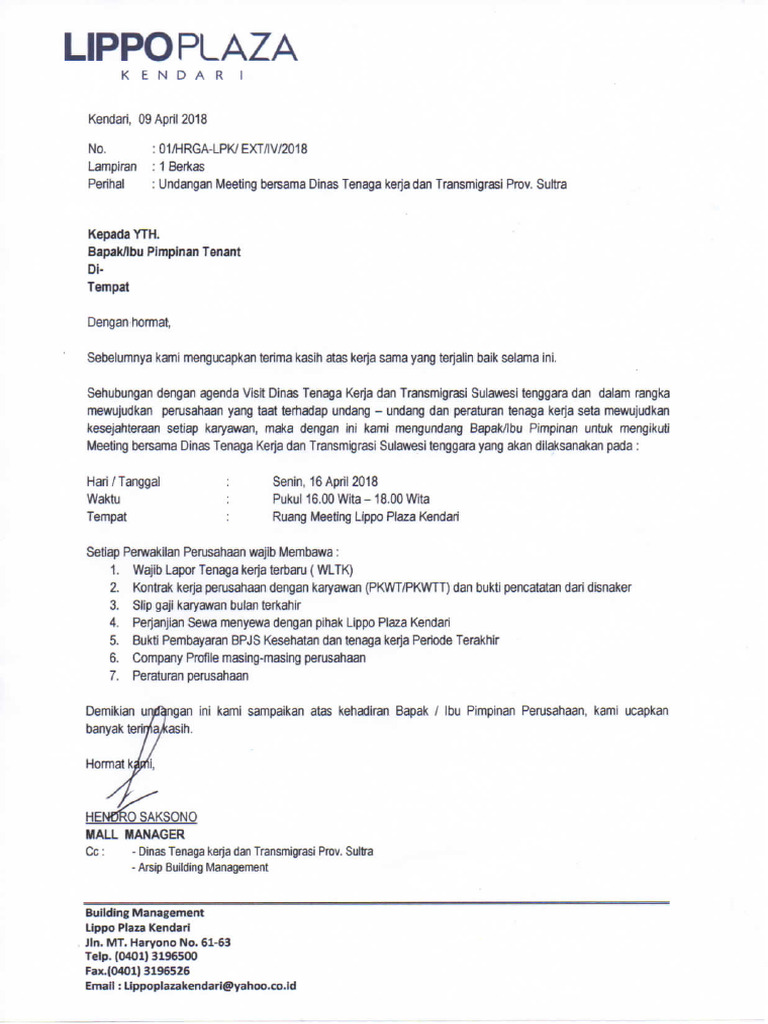 Surat Ke Tenant Meeting Disnaker | PDF