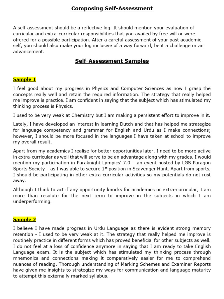 Self Assessments Samples | PDF | Cognition | Cognitive Science