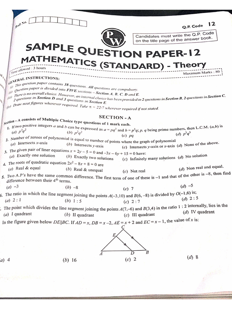 Class 10th Maths Paper 12 | PDF