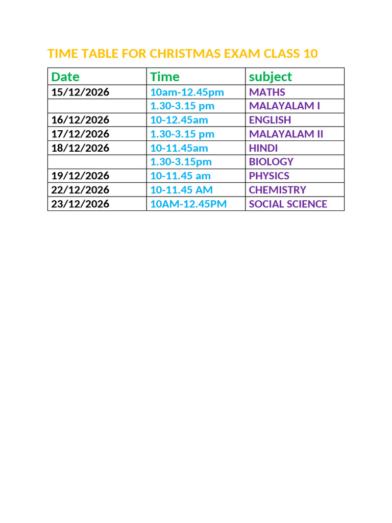 Time Table For Christmas Exam Class 10 | PDF