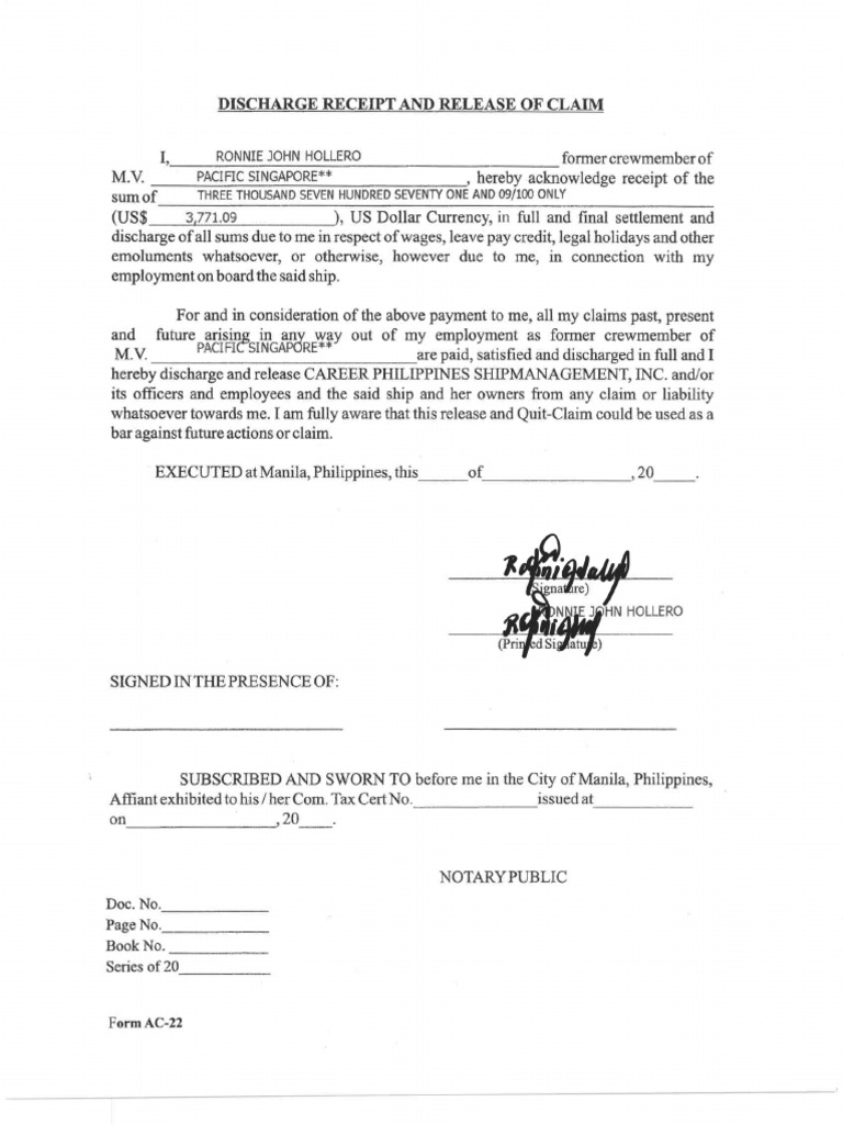 Discharge Receipt and Release of Claim | PDF