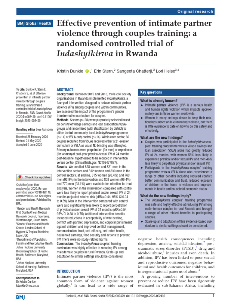 Effective Prevention of Intimate Partner Violence Through Couples ...