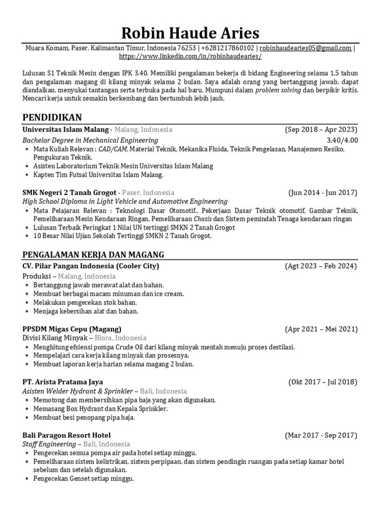 CV ATS Robin Haude Aries | PDF