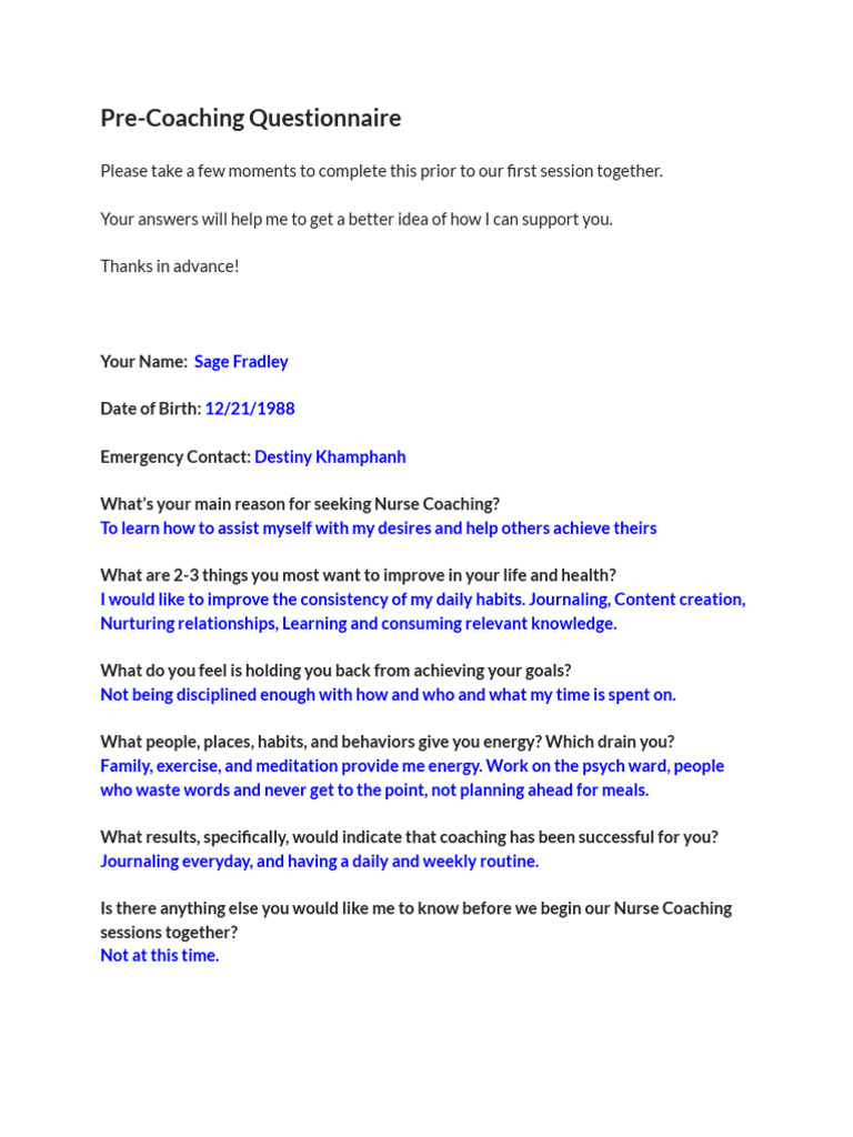 Filled Pre Coaching Questionnaire Document.docx | PDF