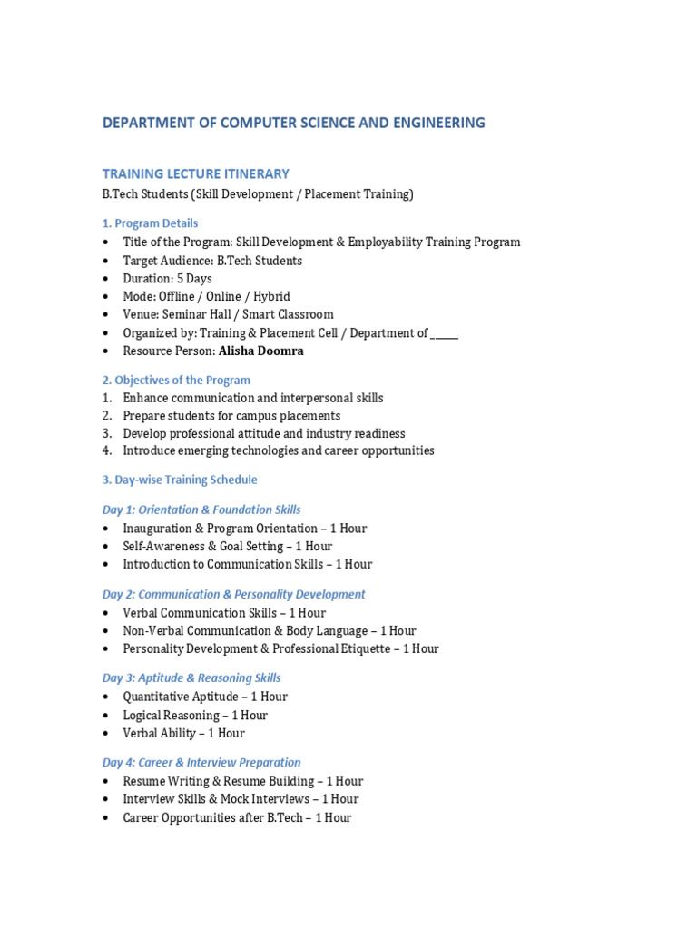 BTech Training Lecture Itinerary ALISHA | PDF