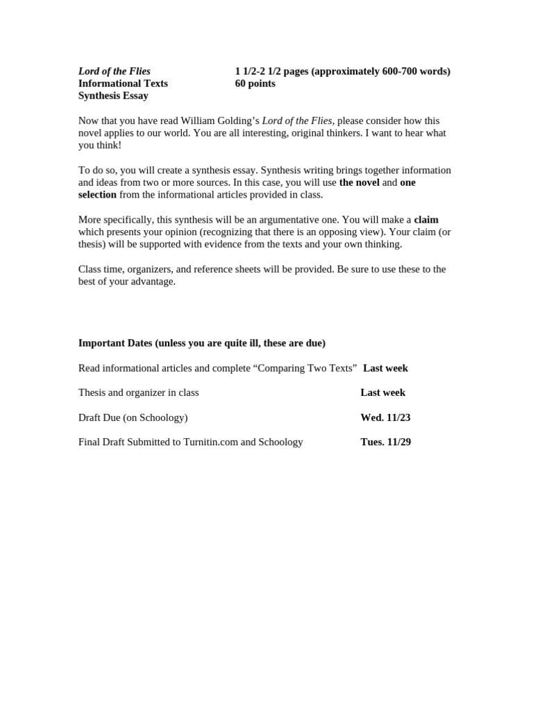Lord of The Flies Synthesis Assignment 22 | PDF