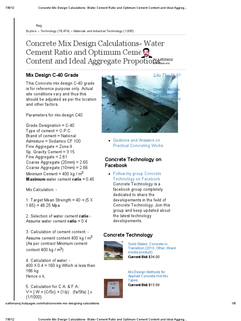 Concrete Mix Design Calculations Water Cement Ratio and Optimum
