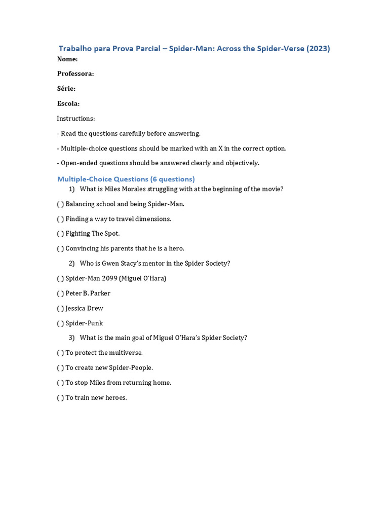 Trabalho para prova parcial Spiderman (2023)-4-6 | PDF | Spider Man ...