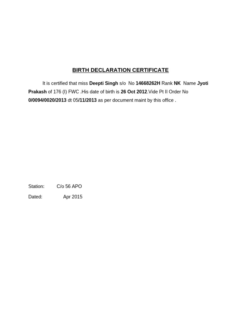 Birth Declaration Certificate | PDF