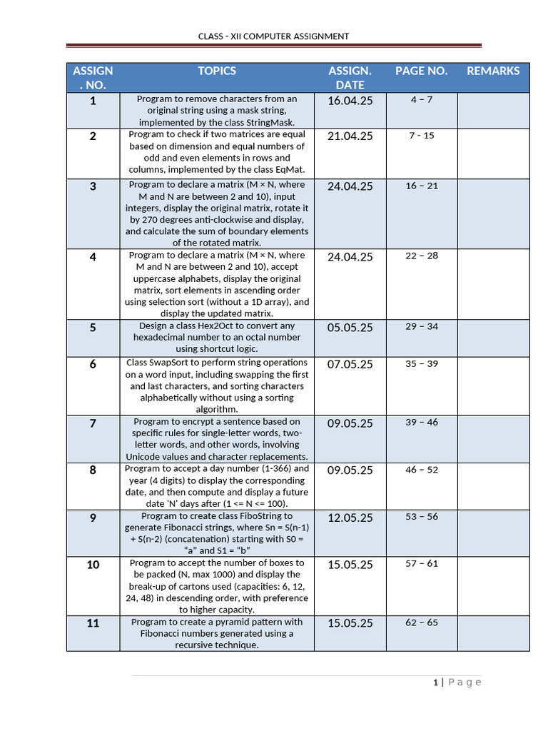 ASSIGNMENT CLASS 12 - New | PDF | Matrix (Mathematics) | String ...