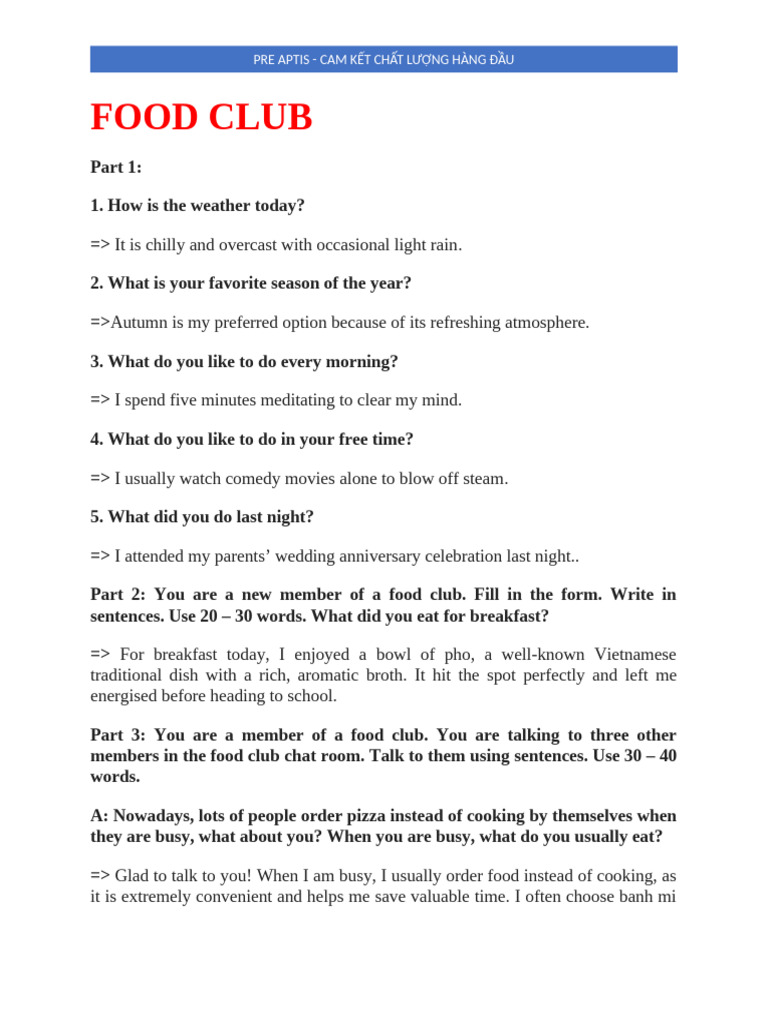 Food Club Pre Aptis | PDF | Food And Drink Preparation | Cuisine