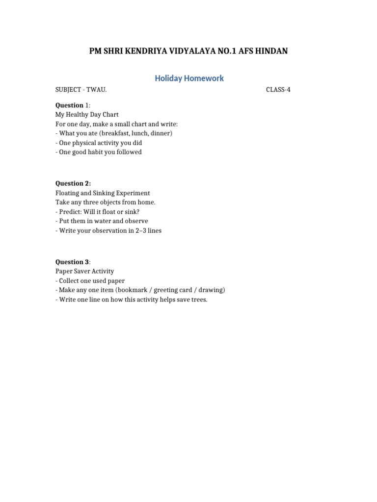 Holiday Homework EVS Class 4 | PDF