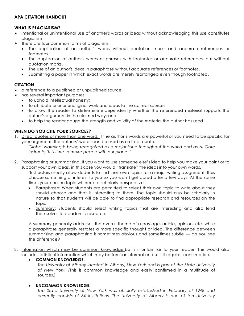 Apa Citation Handout Citation Plagiarism