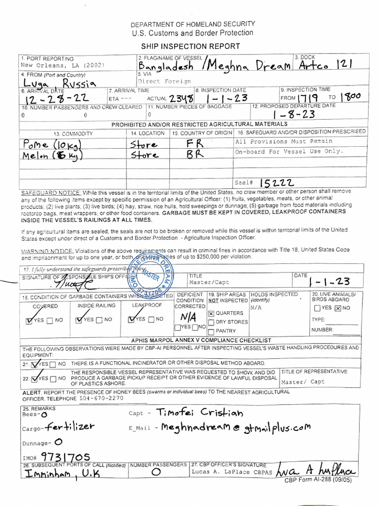 Ship Ins Report New Orleans 1.1.2022 | PDF | U.S. Customs And Border ...