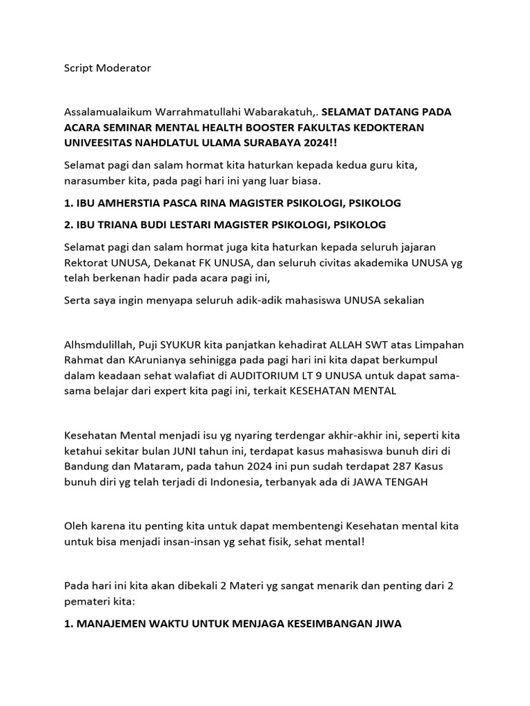 Script Moderator Seminar Mental Health | PDF