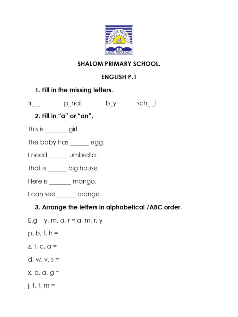 Shalom Primary School Primary 1 English | PDF