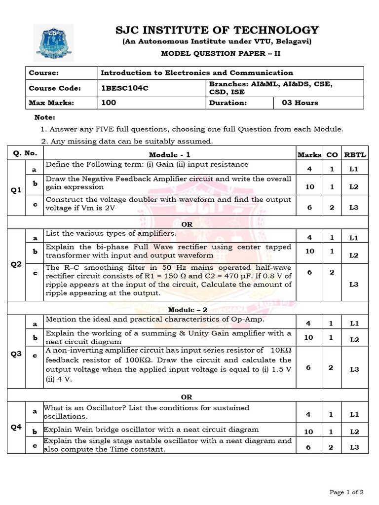 1BESC104C - Model Question Paper - 2 | PDF | Amplifier | Electrical ...