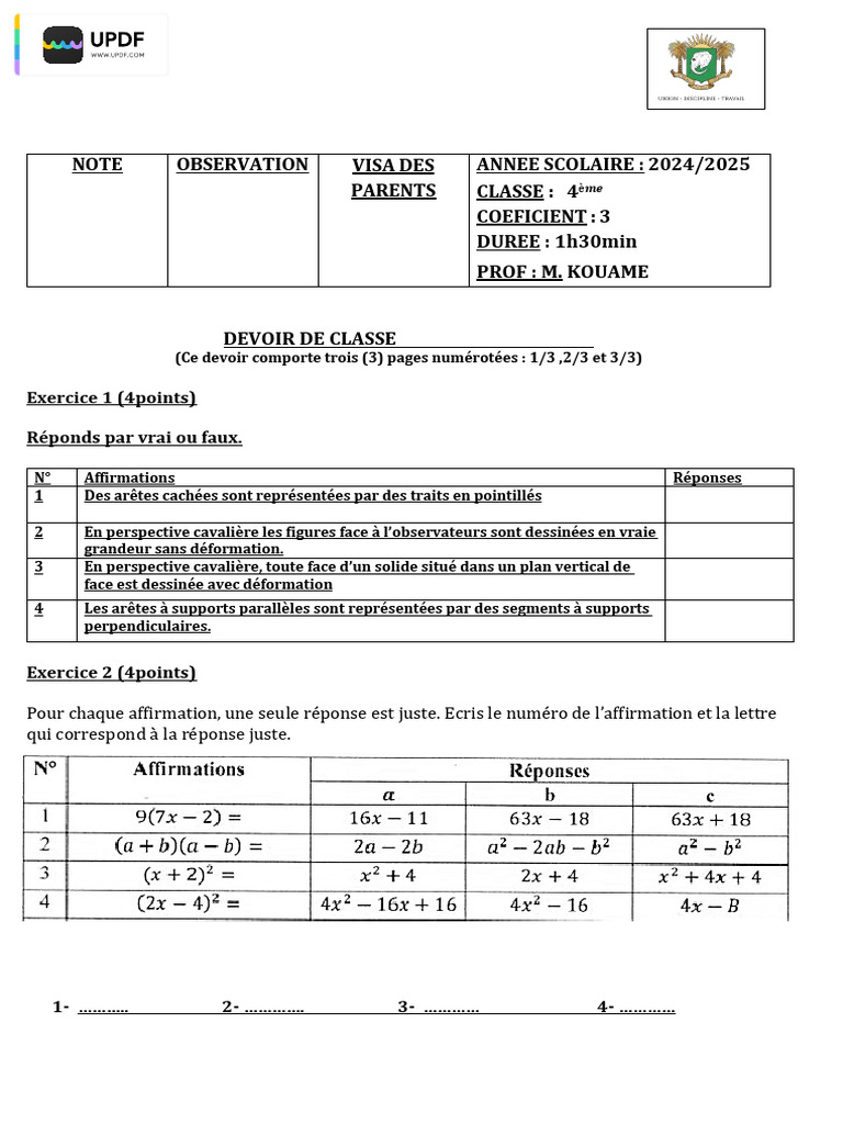Devoir de Classe 4em | PDF