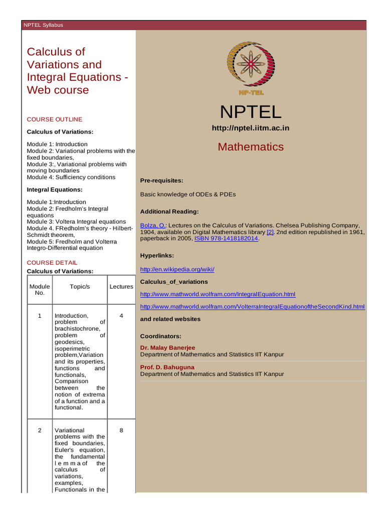 NPTEL Syllabus | PDF | Calculus Of Variations | Integral Equation
