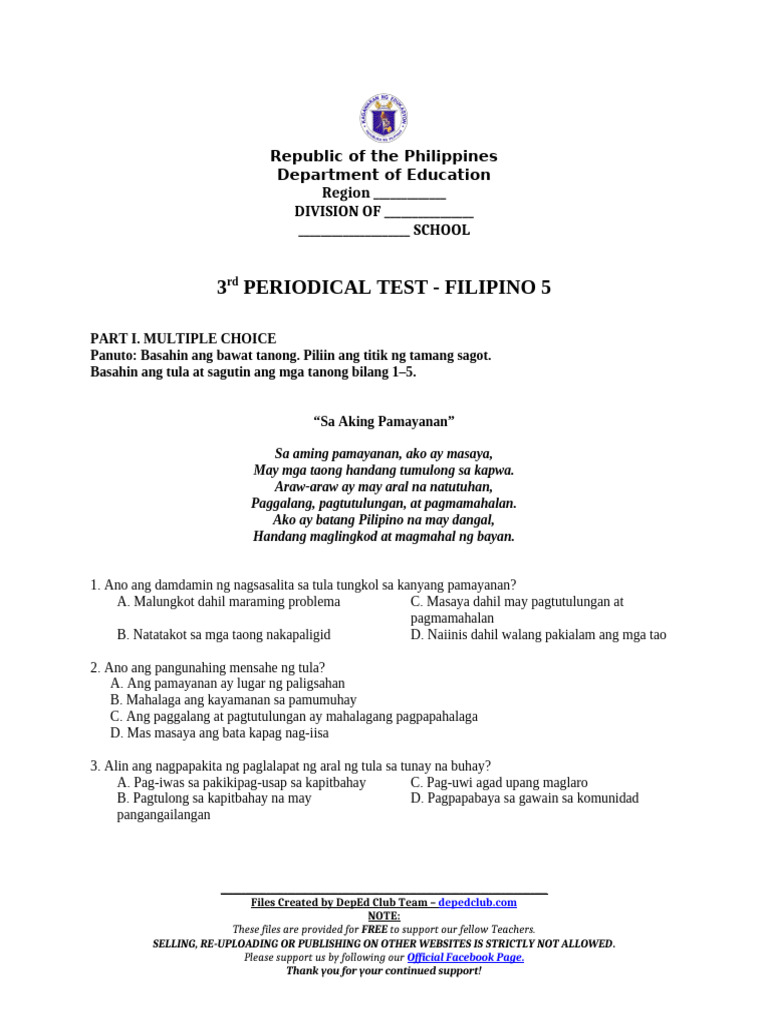DTC - PT - q3 Filipino 5 Matatag With Tos Key | PDF
