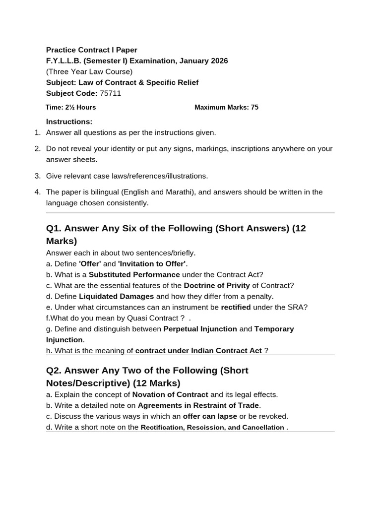 Practice Paper Contract 1 | PDF | Legal Concepts | Civil Law (Legal System)