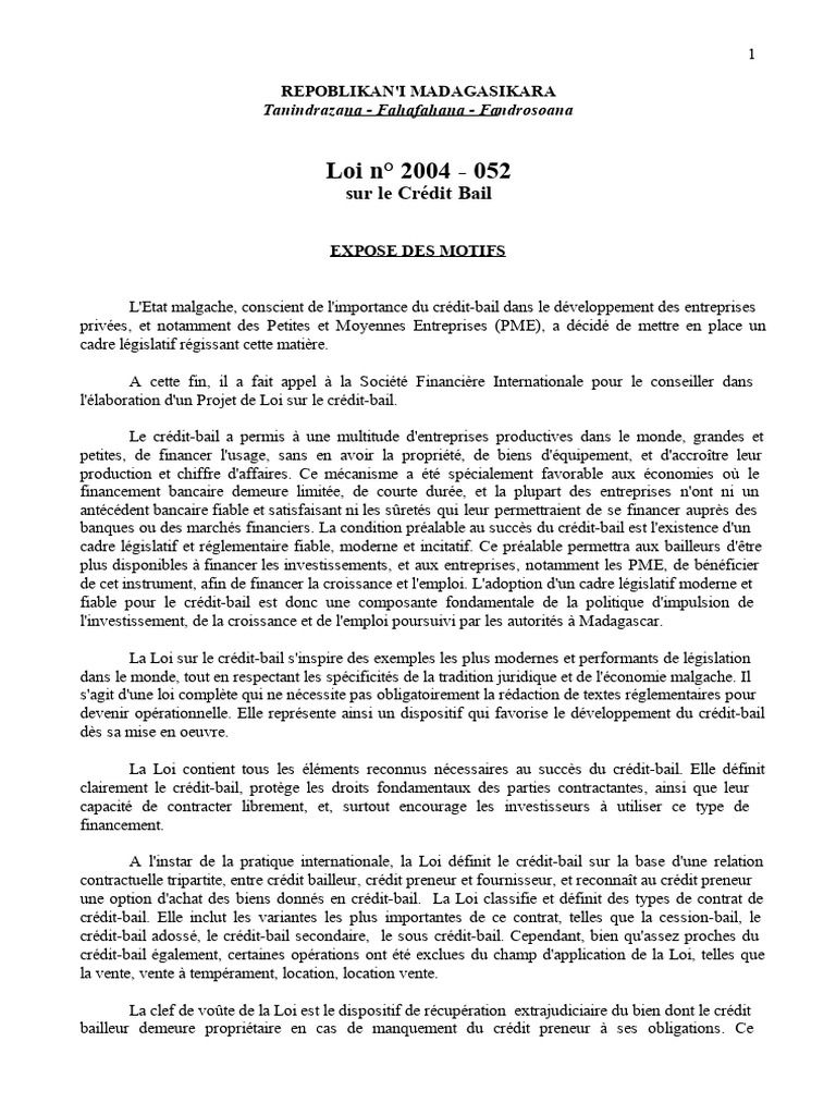 Loi N° 2004 052 Sur Le Crédit Bail | PDF | Crédit | Finance et gestion ...
