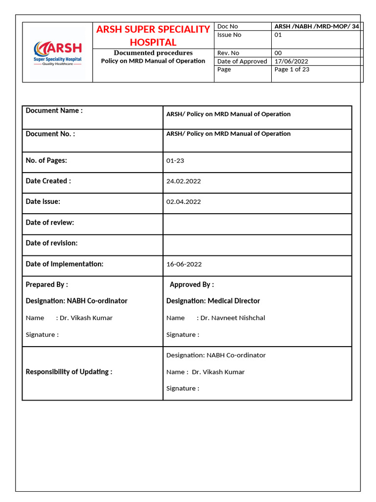 Policy on MRD Manual of Operation | PDF