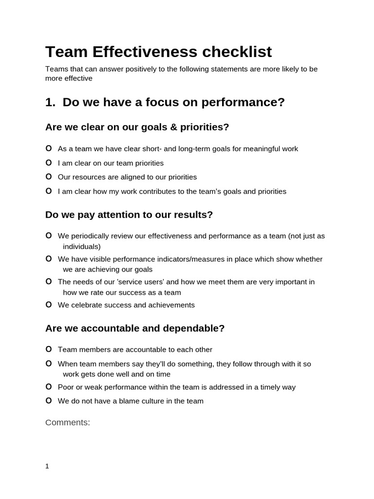 Team Effectiveness Checklist | PDF | Social Psychology | Psychology