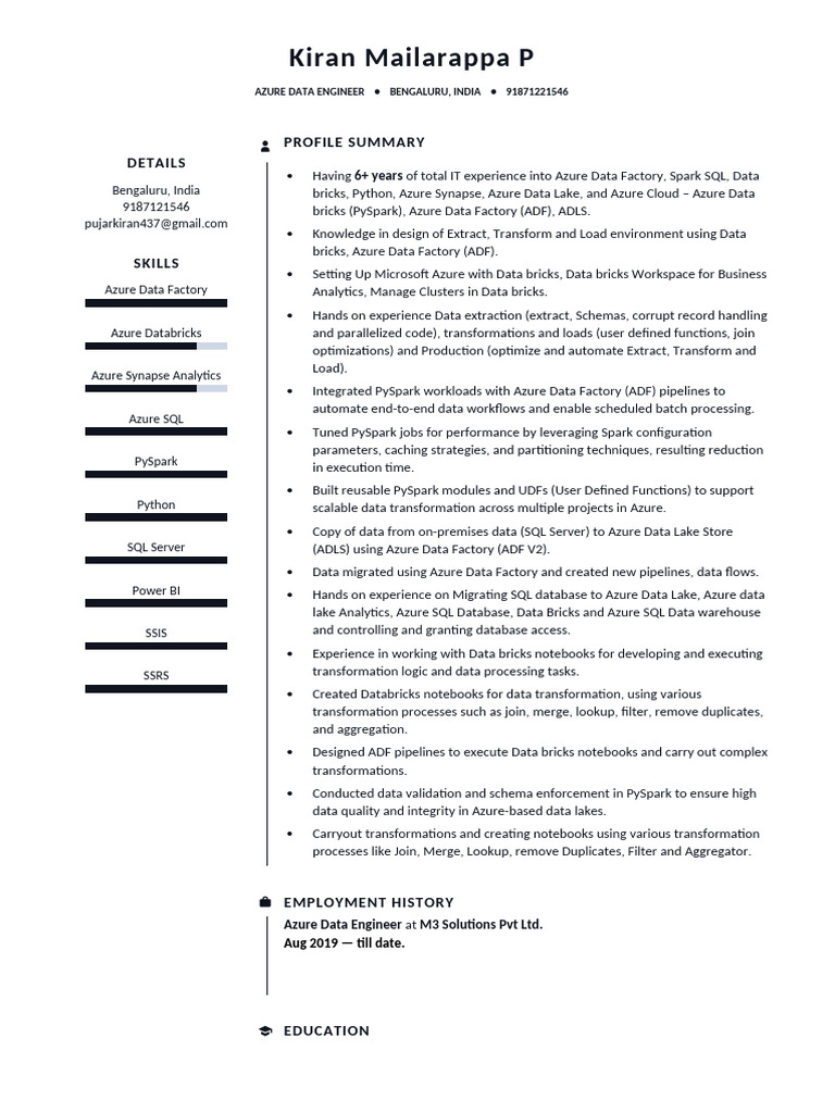 Kiran Mailarappa Pujar 5+ Yrs Exp Azure Data Engineer | PDF | Microsoft ...