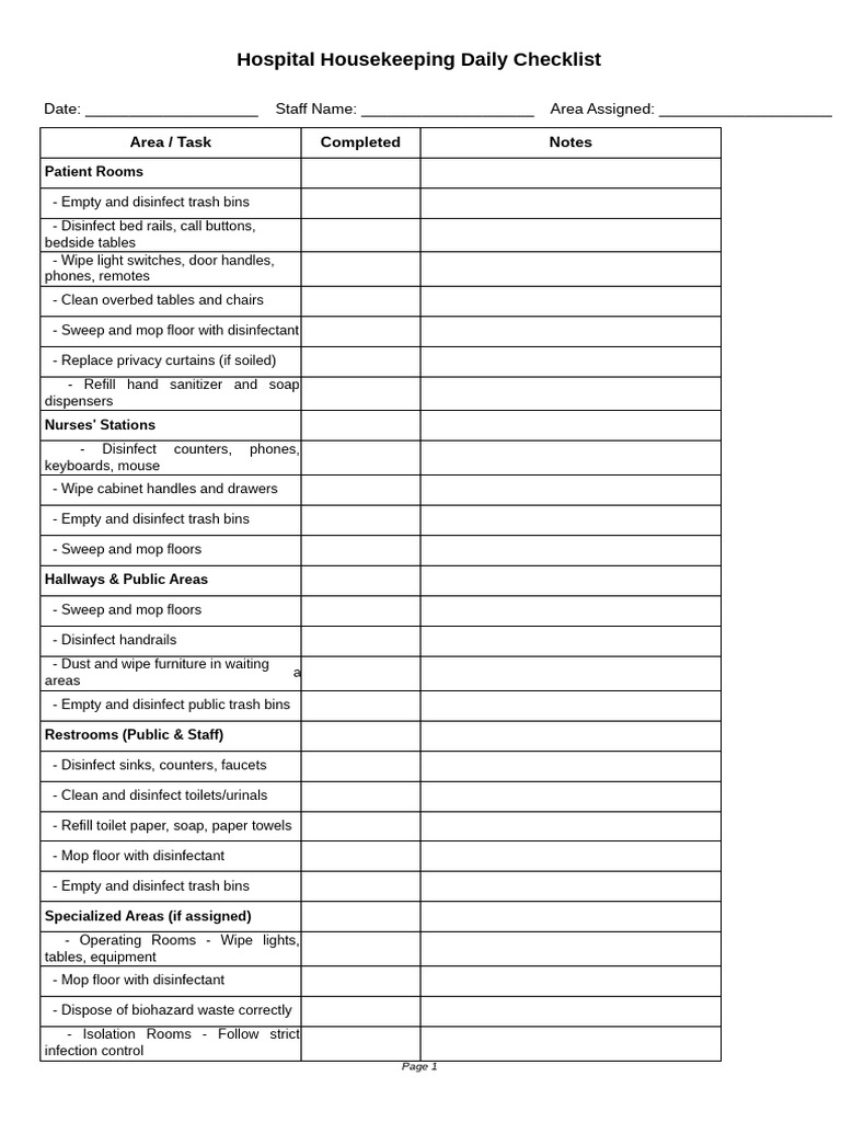 Hospital Housekeeping Daily Checklist | PDF