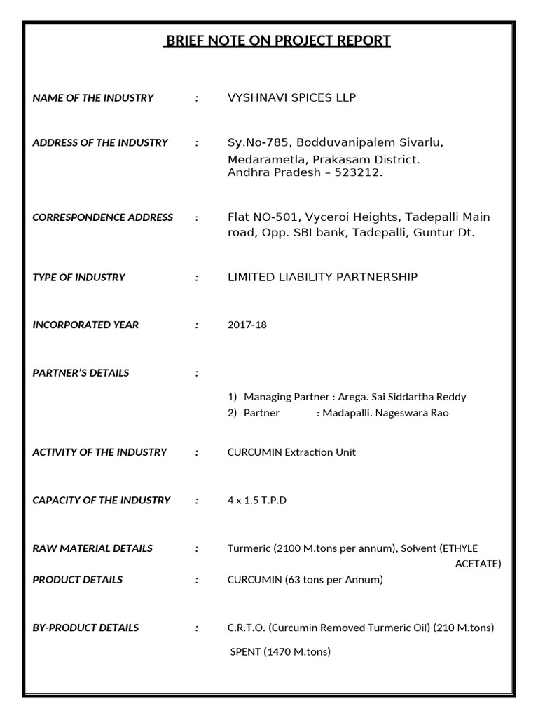 Brief Note On Project Report: Name of The Industry | PDF | Financial ...