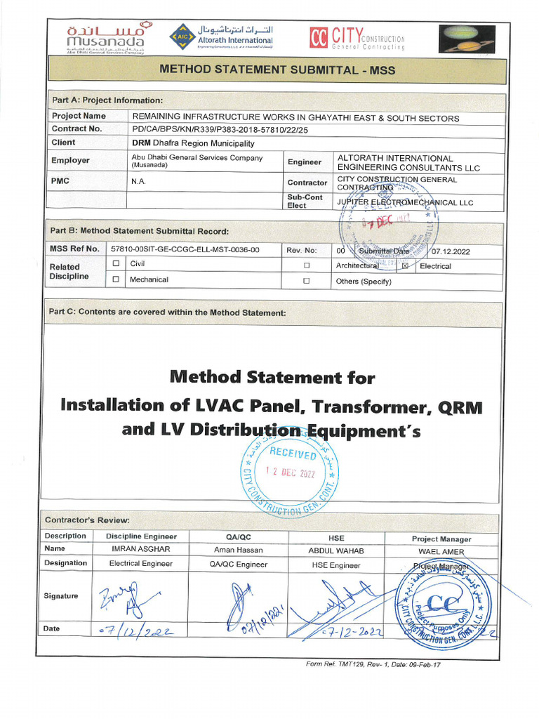 Method Statement - For Installation of Lvac Panel Transformer, Qrm and ...