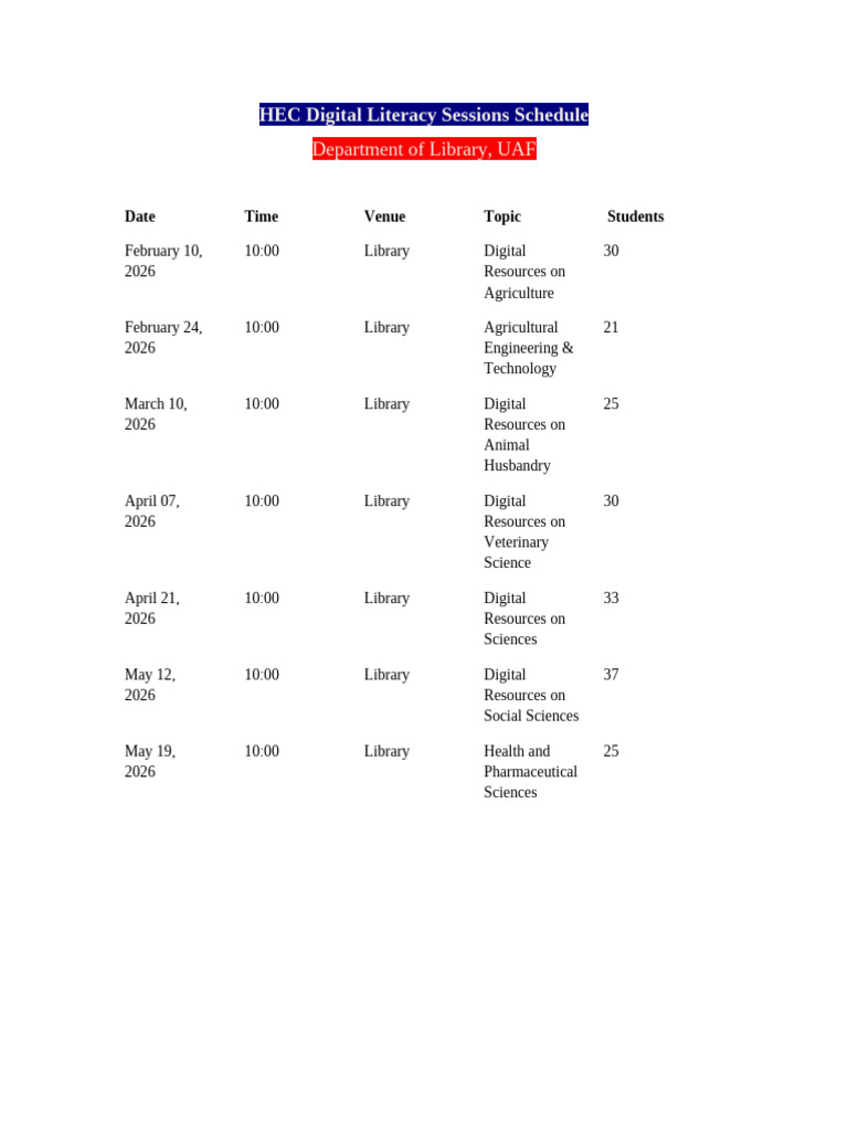 Library Session Schedule | PDF